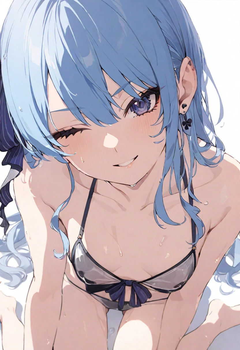 (muste piece), (best quality), very detailed eyes, expressive eyes, perfect face, very detailed face, highly detailed face, beautiful girl, 8K, beautiful girl, white background, delicate and beautiful face and eyes, dark intense shadow, 
1 girl, vtuber style, cool girl, Hoshimachi Suisei, blue hair, bikini, front-tie top, mini shorts, small chest, cropped shoulders, clavicle, wet body, one eye close winking, smile, body visible through clothes, chest visible through clothes, ass visible through thighs, (full body), barefoot, naked thighs, sitting, open legs wide,