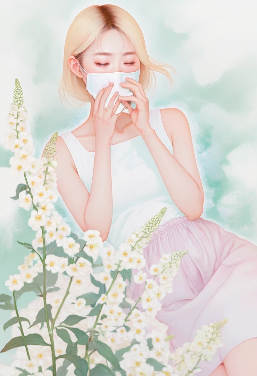 (mist:1.5),Soft space,Soft tones,dream,Hazy and mysterious,大量mist和白色小花覆盖,Soft tones,Light style,Comfortable and calm,nature,Warm and cosy,Modern illustration elements。Tranquility、Pure atmosphere,blond woman with white flowers covering her face and eyes, inspired by Hsiao-Ron Cheng, inspired by Yanjun Cheng, by Ayami Kojima, by Hsiao-Ron Cheng, by Yanjun Cheng, Guweiz, artwork in the style of Guweiz, by Eizan It's a gift, cake, james jean and wlop
