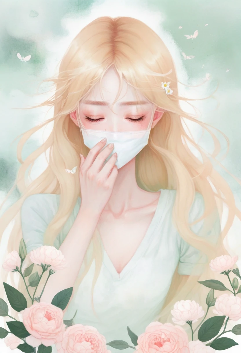(mist:1.5),Soft space,Soft tones,dream,Hazy and mysterious,大量mist和白色小花覆盖,Soft tones,Light style,Comfortable and calm,nature,Warm and cosy,Modern illustration elements。Tranquility、Pure atmosphere,blond woman with white flowers covering her face and eyes, inspired by Hsiao-Ron Cheng, inspired by Yanjun Cheng, by Ayami Kojima, by Hsiao-Ron Cheng, by Yanjun Cheng, Guweiz, artwork in the style of Guweiz, by Eizan It's a gift, cake, james jean and wlop