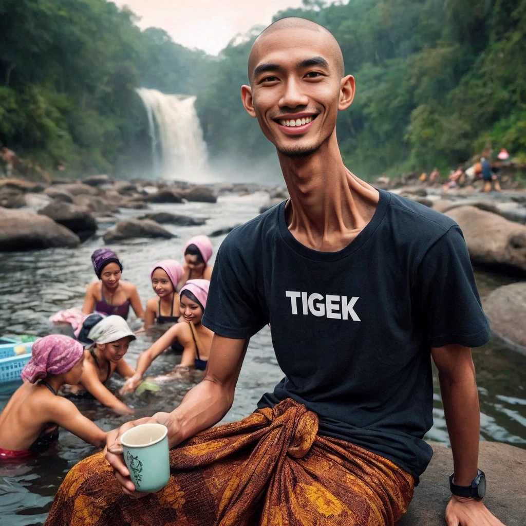 An Indonesian young man , bald head, which, very long neck like a giraffe's neck, smiling wearing a black t-shirt with text written on it "THEY" and below the text there is writing "SPIES", and sheath. Sitting on a rock by the river, while holding a cup of coffee, facing to see some beautiful girls wearing kemban, who is washing clothes in the river. The background of the river, rocks, trees and waterfalls looks beautiful and amazing.