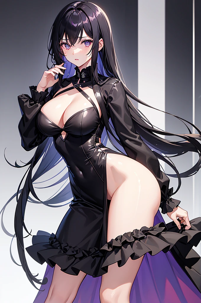 A girl，Black long hair，Dissemination，Lilac pupils，Big breasts，20 years old，Humanity，A bit dull，mild，Dress conservatively，Azur route style