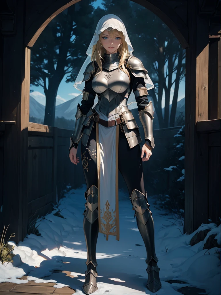 ((1girl, solo)), beautiful body, (perfect anatomy, perfect body, perfect hands, perfect legs), (five fingers:1.5), natural proportions, sexy body, large breasts, cowboy shot BREAK 

((extremely detailed face)), (beautiful detailed eyes:1.6), (realistic pupils, realistic iris:1), expressive eyes, looking at viewer, (clear eyes:1.3), (hyperrealistic:1.2), (detailed skin texture:1.2), smooth skin, (blonde hair:1.5), blue eyes, long hair, (detailed lips:1.2), (attractive lips:1.1), (glossy lips:1.1), (grin), perfect face, perfect eyes BREAK

female knight, (veil:1.5), long sleeves, (armor:1.5), (breastplate:1.5), (shoulder armor:1.2), (arm guard:1.3), armor gloves, (black pants:1.5), skin tight, (((pelvic curtain))), (greaves:1.3), armored boots, belt BREAK

(outdoors:1.5), (day:1.3), nature, (winter:1.3), trees, (shade of trees:1.2), (snow), mountain range, medieval BREAK


(masterpiece:1.5), anime-style, top quality, best quality, (beautiful and aesthetic:1.2), (ultra detail:1.5), Ultra-detailed depiction, Ultra-precise depiction, extremely detailed 8k illustration, high resolution, (highly detailed shading:1.2), (realistic lighting:1.4), perfect lighting, vibrant colors, dynamic tones, striking hues, 8k, absurd resolution, perfect shadows, hdr, UHD, ambient lighting, realistic, ultra-realistic, photo realistic, highly detailed, rich detail, luminous colors, fine texture, intricate design, professional illustration, (soft light:1.2), (illustration:0.7)