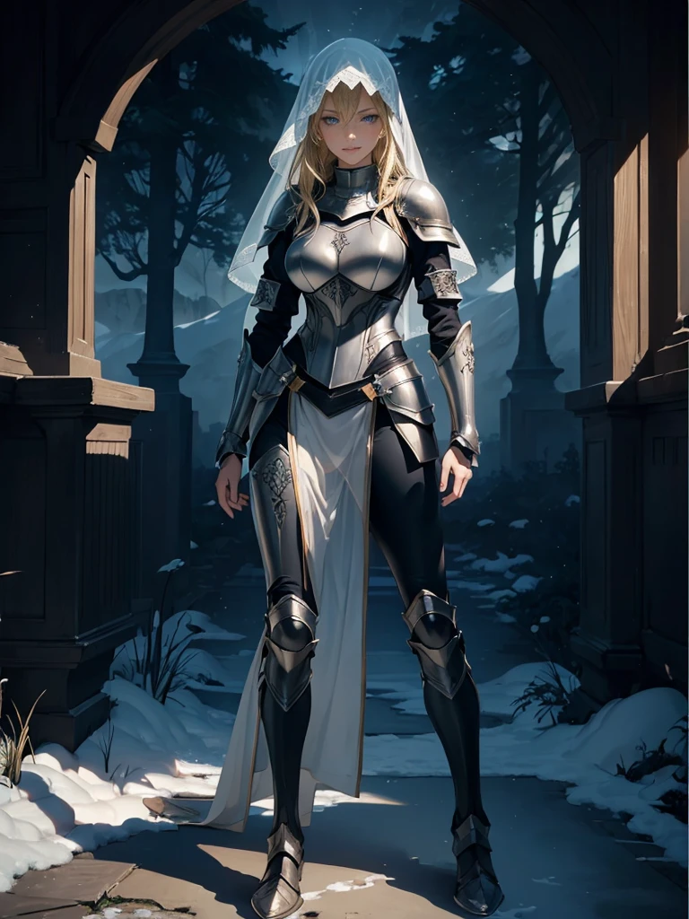 ((1girl, solo)), beautiful body, (perfect anatomy, perfect body, perfect hands, perfect legs), (five fingers:1.5), natural proportions, sexy body, large breasts, cowboy shot BREAK
((extremely detailed face)), (beautiful detailed eyes:1.6), (realistic pupils, realistic iris:1), expressive eyes, looking at viewer, (clear eyes:1.3), (hyperrealistic:1.2), (detailed skin texture:1.2), smooth skin, (blonde hair:1.5), blue eyes, long hair, (detailed lips:1.2), (attractive lips:1.1), (glossy lips:1.1), (grin), perfect face, perfect eyes BREAK
female knight, (veil:1.5), long sleeves, (armor:1.5), (breastplate:1.5), (shoulder armor:1.2), (arm guard:1.3), armor gloves, (black pants:1.5), skin tight, (((pelvic curtain))), (greaves:1.3), armored boots, belt BREAK
(outdoors:1.5), (day:1.3), nature, (winter:1.3), trees, (shade of trees:1.2), (snow), mountain range, medieval BREAK
(masterpiece:1.5), anime-style, top quality, best quality, (beautiful and aesthetic:1.2), (ultra detail:1.5), Ultra-detailed depiction, Ultra-precise depiction, extremely detailed 8k illustration, high resolution, (highly detailed shading:1.2), (realistic lighting:1.4), perfect lighting, vibrant colors, dynamic tones, striking hues, 8k, absurd resolution, perfect shadows, hdr, UHD, ambient lighting, realistic, ultra-realistic, photo realistic, highly detailed, rich detail, luminous colors, fine texture, intricate design, professional illustration, (soft light:1.2), (illustration:0.7)