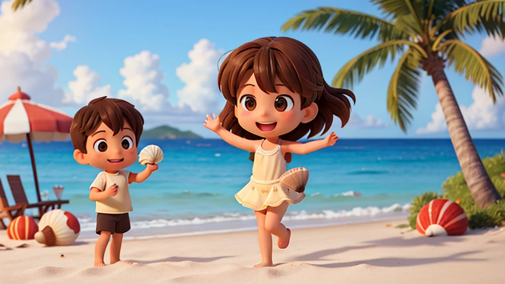 Generate an AI image of a sunny beach scene with gentle waves and seashells scattered on the sand, showing a brown haired girl excitedly holding up a seashell and a brown haired boy admiring it with a smile.