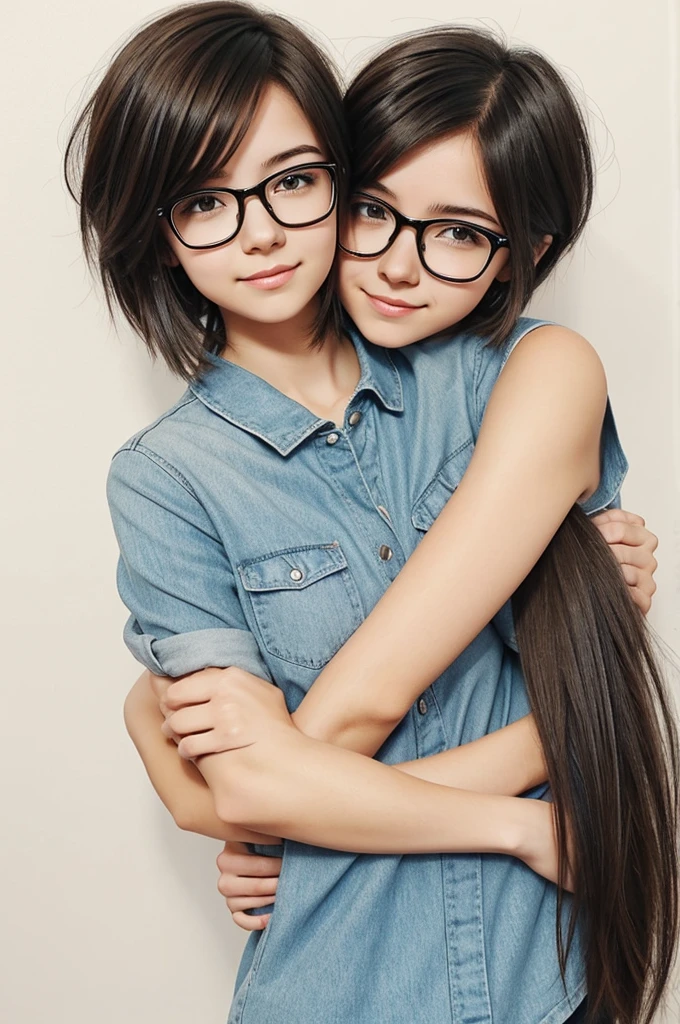 Create a drawing of a girl who has glasses and short hair, that the girl is hugging her boyfriend, the boyfriend has more or less long hair, let the style be something simple but striking, preventing it from looking like anime