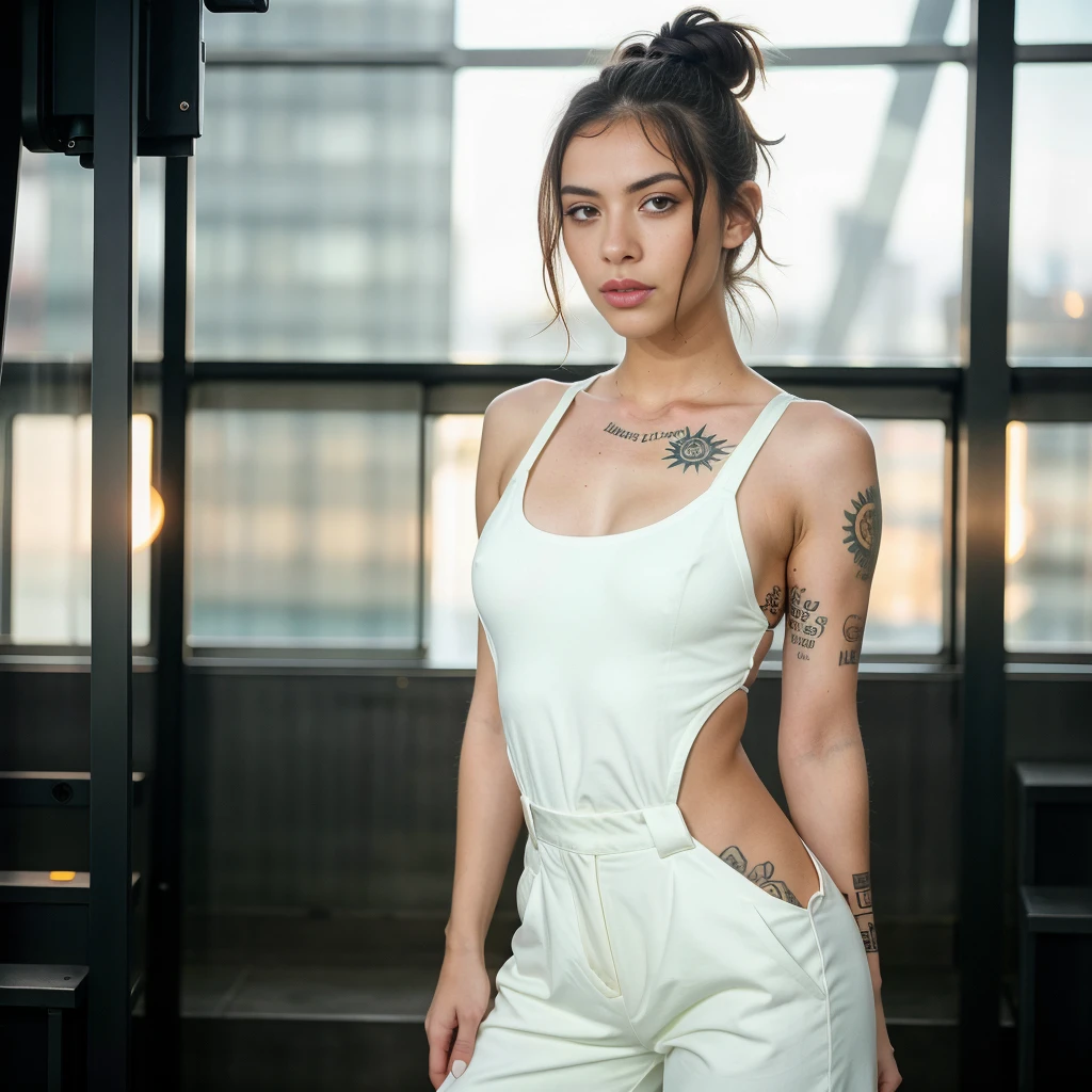 midshot , hi angle, captivating artsy image of a Beautiful cute but enraged dutch gen-z. girl aged 18, with freckles, nerdy ,seductive eyes, irresistable face expression with a shags haircut. popstar plumped lipps, fixed nose , ((small sun neck tatoo)) . provocative edgy toptank, 2000 hiphop style, he radiates confidence as she stands against a simple mint green and yelow backdrop, glitter bokeh in the background The cinematic quality of the photo, shot with an ARRI Alexa camera and Zeiss lens, captures the essence of a dark inovative style . with a futuristic twist The overall atmosphere is hiphop urban. I cant believe how beautiful she is