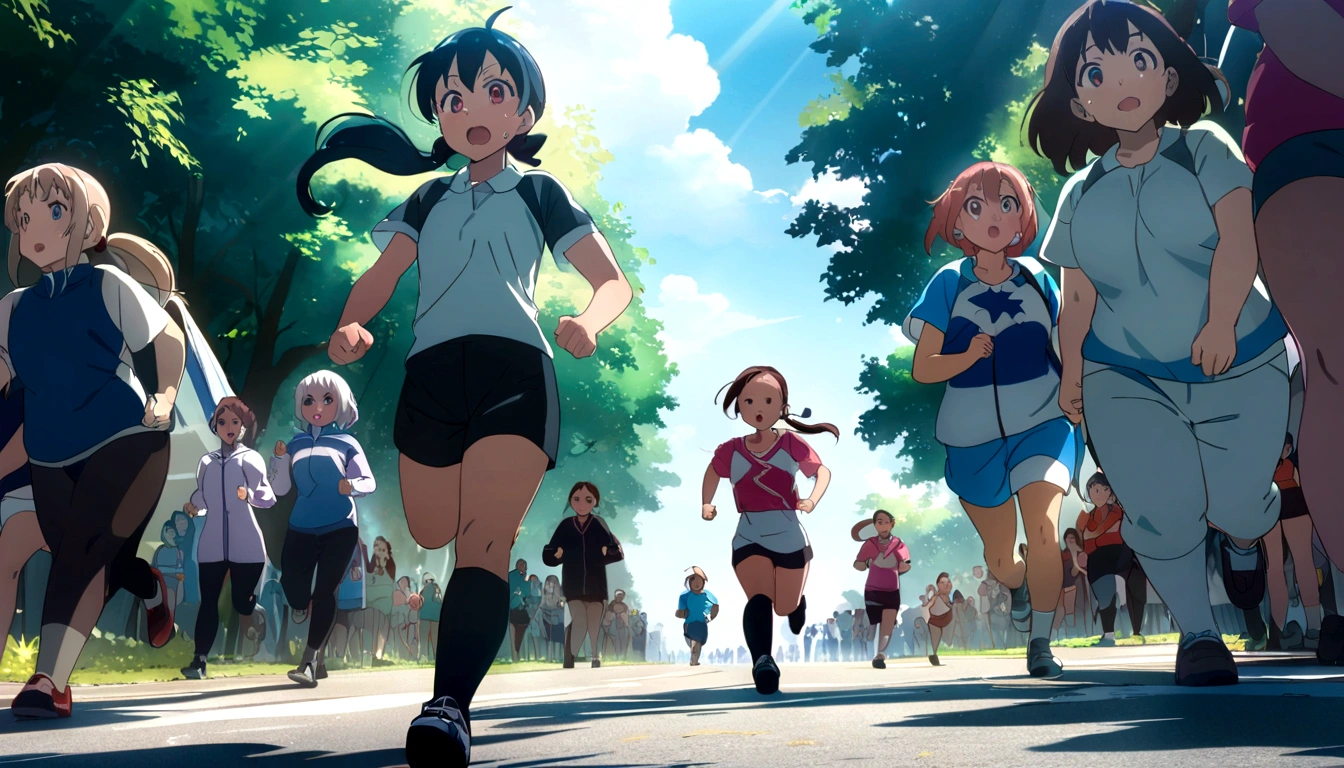 score 9, source anime, wide shot, multiple girls, Women marathoners running on the road while the roadside is packed with spectators, dynamic angle, perfect face, playful expression, low ponytail, sweat, outdoor, blue sky, shiny day, dramatic lighting, cinematic, best quality, 8k, masterpiece, ultra-detailed,