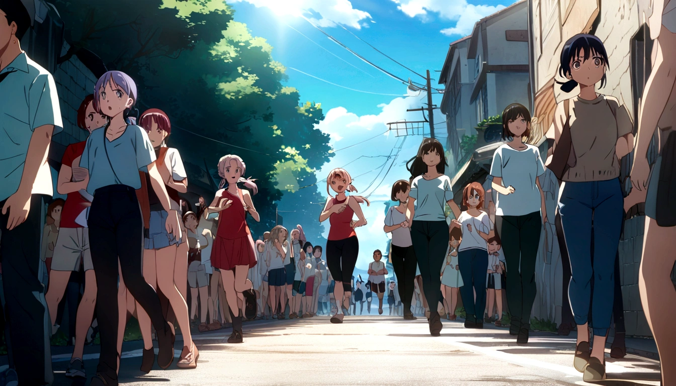 score 9, source anime, wide shot, multiple girls, Women marathoners running on the road while the roadside is packed with spectators, dynamic angle, perfect face, playful expression, low ponytail, sweat, outdoor, blue sky, shiny day, dramatic lighting, cinematic, best quality, 8k, masterpiece, ultra-detailed,