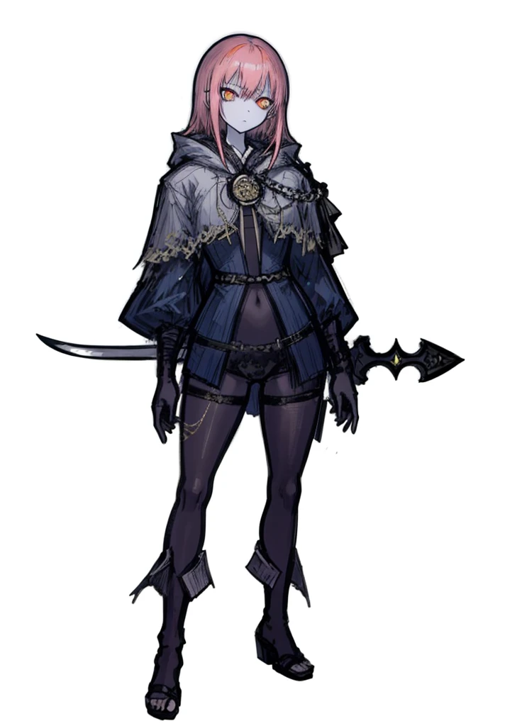 1girl, pale skin, orange eyes, pink hair, swordsman, nice clothes, (high resolution, high detail, best quality),
black background, serious, sword