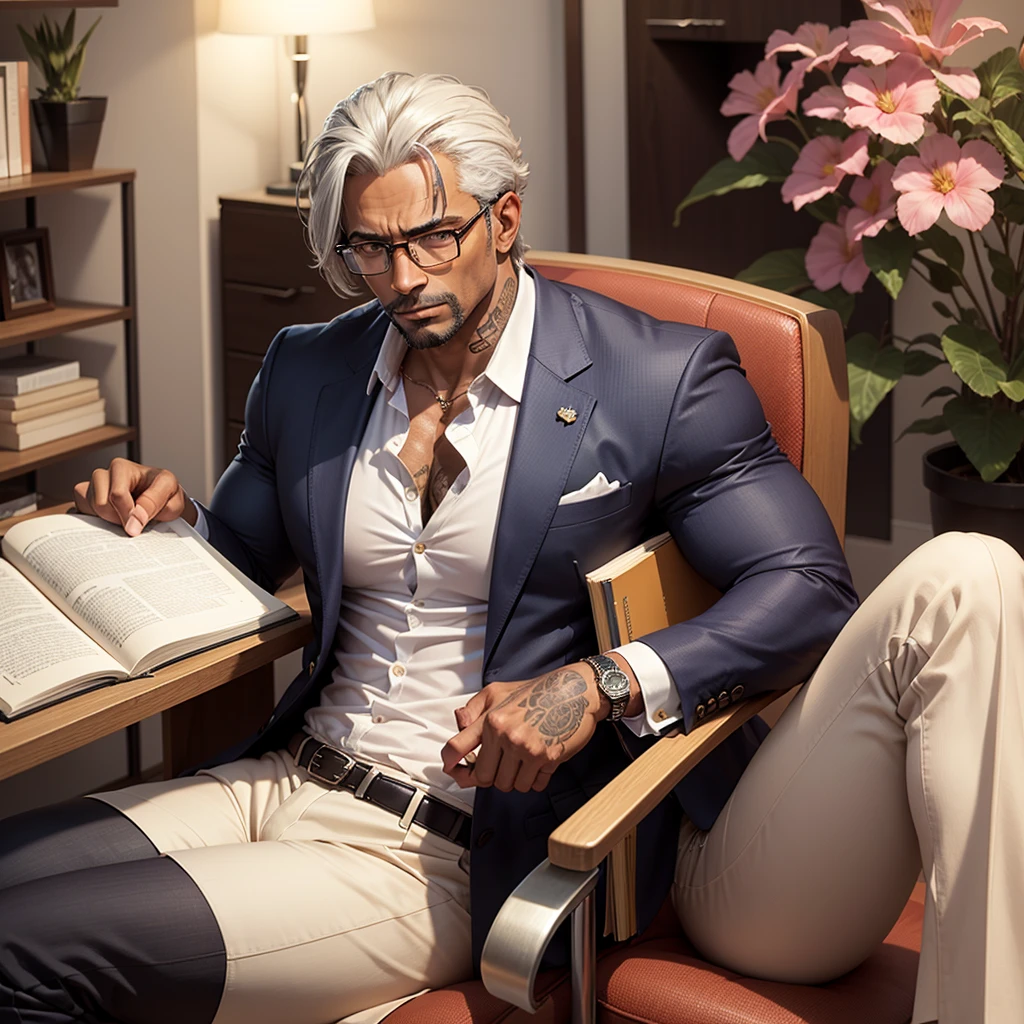 45 year old man, attractive features. Handsome. high. Muscular- toned, in good shape (chest and large muscles) robust looking.Dark skinned with tattoos on his right arm (a rattlesnake with flowers around it). Hair (Something long. It has a Caesar cut) and trimmed beard. Color de Hair: jet black with some gray hair. Dull amber eyes.outfit: a pair of glasses, a simple but formal white shirt. Beige shape pants with well-polished black shoes and Dedication: businessman. Director general. serious, always angry.pose: rubbing his temple while reading a book lying in his office chair, with a slightly angry expression