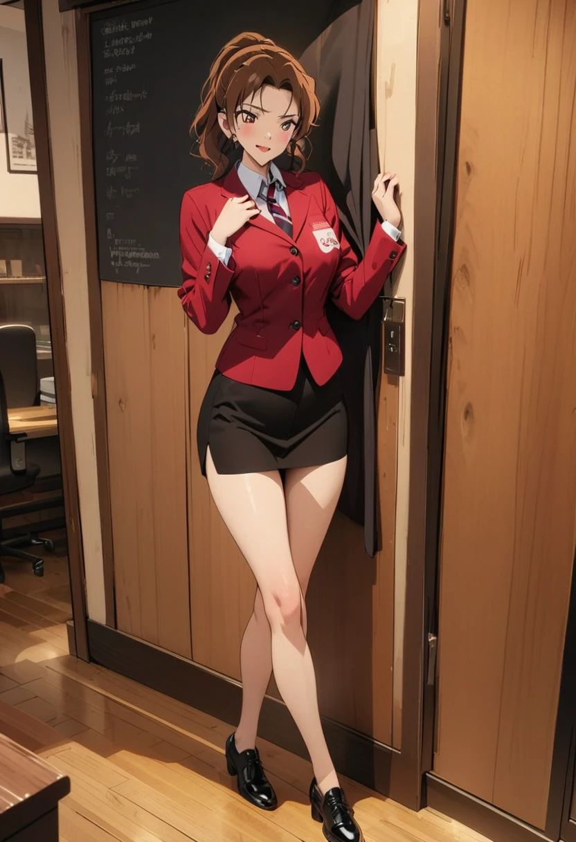 A beautiful teacher in a suit stands in the room, There is a blackboard on the wall behind her, Beautiful teacher, Sexy, aloof, Black wrapped long legs, Brown hair, Licking lips, Sony FE GM, Ultra HD, Retina, precise, masterpiece, Anatomically correct, Textured Skin, Super Detail, high quality, High Detail, best quality, high resolution, 1080P，Anime style
