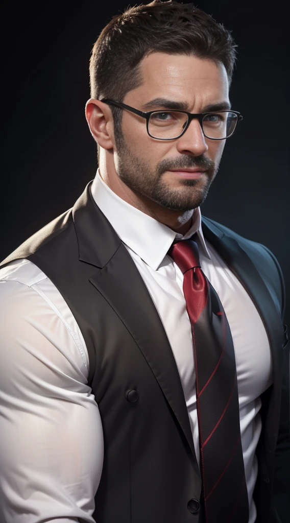 An award-winning original photo,A wild muscular man, (40 years old daddy:1.1), 1boy, Solo, (black suit), (white dress shirt), (red print necktie), (big shoulders), musculature, stubbles, Short beard, Beautiful eyes:1.3, ), (Detailed face:1.3), wearing glasses, smiles, Dynamic Angle, volumetric lighting, (Best quality, A high resolution, Photorealistic), Cinematic lighting, Masterpiece, RAW photo, Intricate details, hdr, depth of field, upper body shot