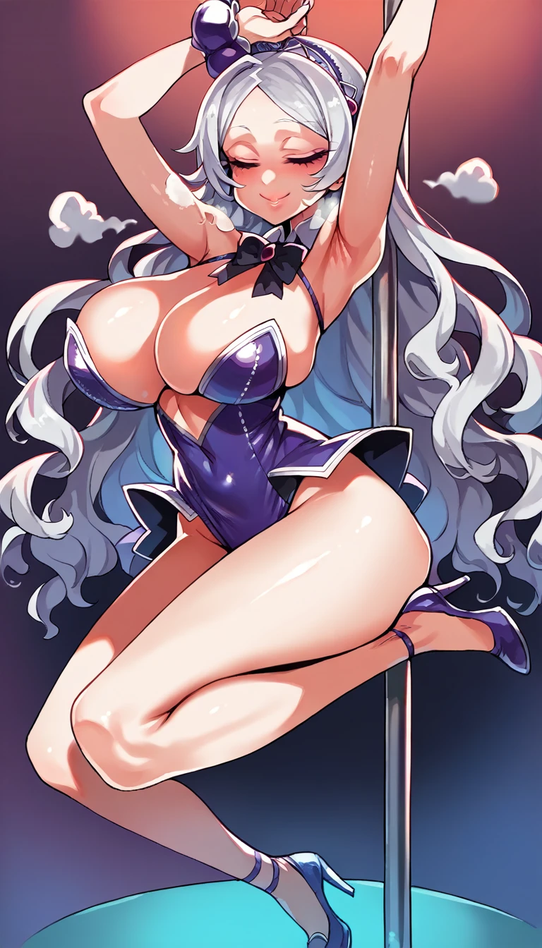 score_9, score_8_up, source_アニメ,アニメ style,Silver Hair,Center-parted bangs,long hair,Big Breasts,Eyes closed,smile,Big Tits,cool eye,((1girl)),shiny skin,Heavy breathing,Lewd,Heavy breathing,Idol outfit,High heels,pole dance