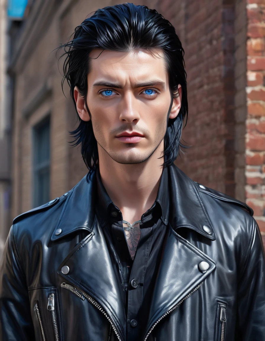 A portrait of a tall man with jet black hair that is just long enough to be a little unruly, bright piercing blue eyes, wearing a black leather jacket over a button-up shirt, 16K, epic detail, epic composition, hyper realistic, standing, front view.