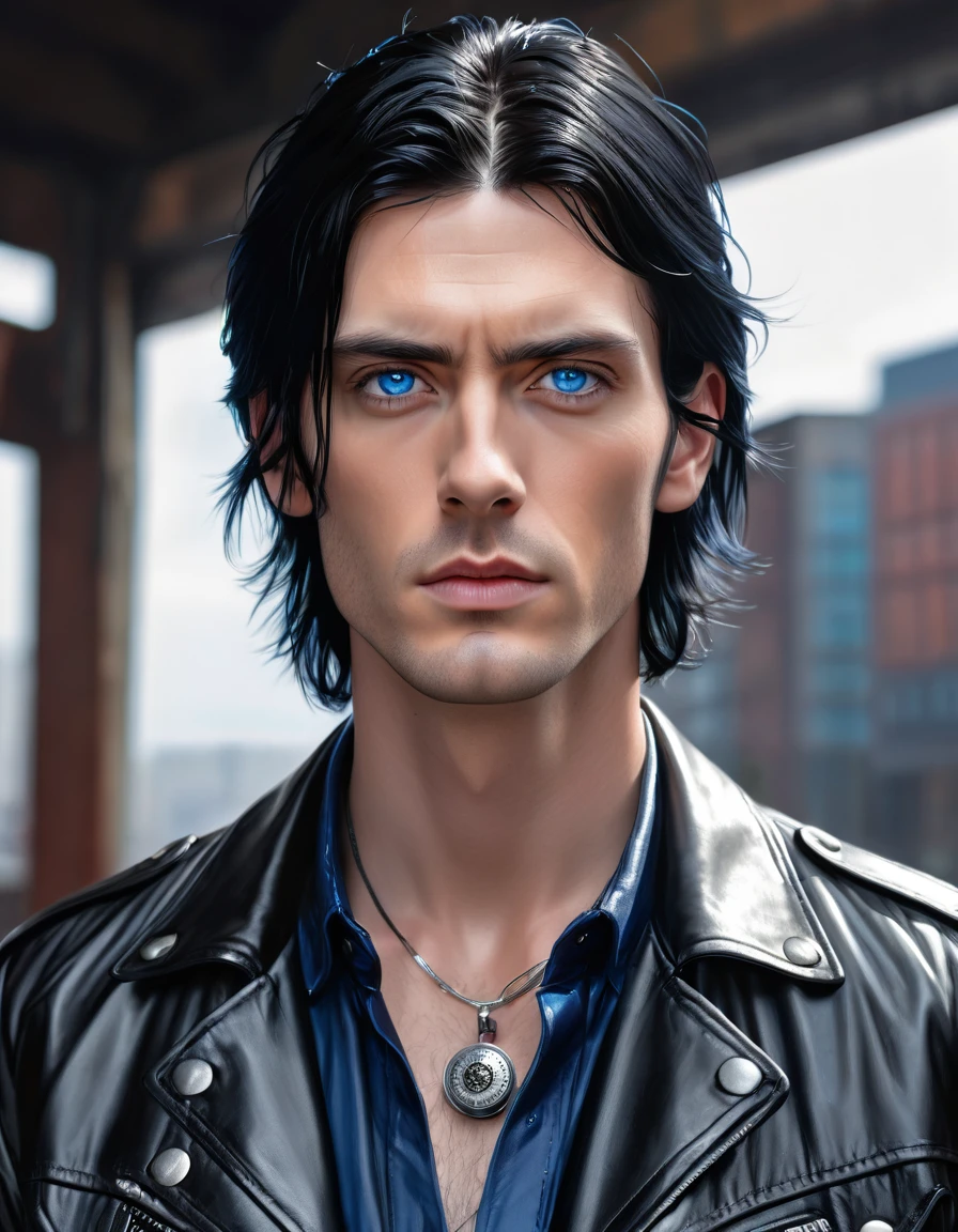 A portrait of a tall man with jet black hair that is just long enough to be a little unruly, bright piercing blue eyes, wearing a black leather jacket over a button-up shirt, 16K, epic detail, epic composition, hyper realistic, standing, front view.