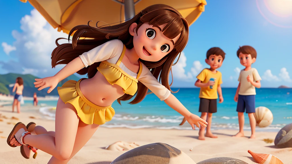 Generate an AI image of a sunny beach scene with gentle waves and seashells scattered on the sand, showing a brown haired girl excitedly holding up a seashell and a brown haired boy admiring it with a smile.