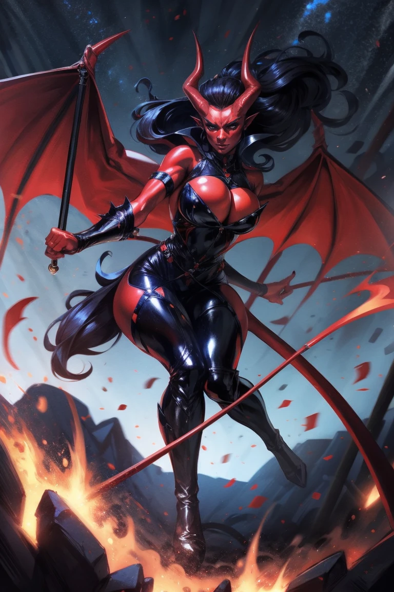Red skin succubus tiefling, medium breasts, black horns, wings, huge tail, black leather, tall, toned, graceful, thin, long black ponytail. Action scene, whip. Dark scene, explosions, night sky.