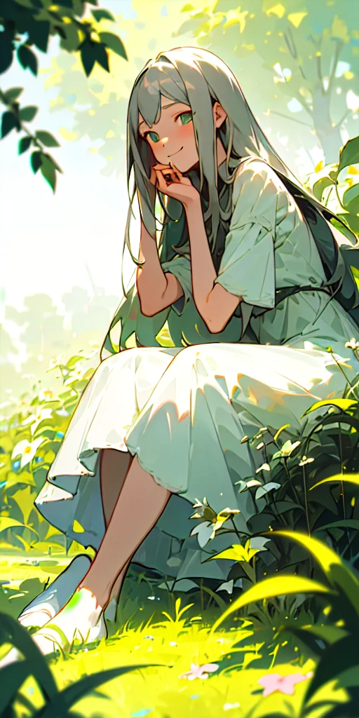 (masterpiece, best quality), lowcontrast, 1girl with long aschgray hair sitting in a field of green plants and flowers, her hand under her chin, light smiling, warm lighting, simple summer dress, blurry foreground