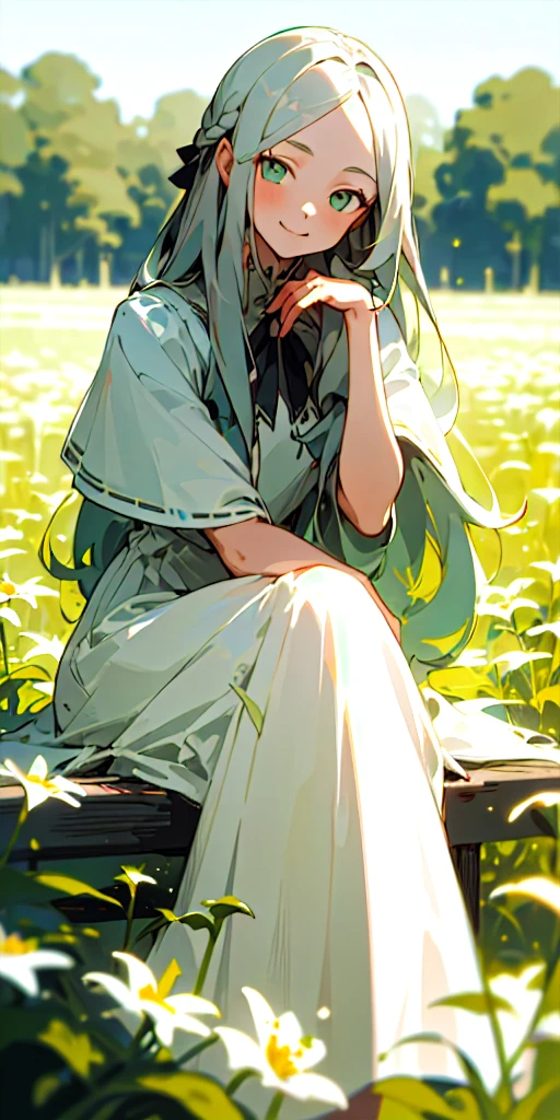 (masterpiece, best quality), lowcontrast, 1girl with long aschgray hair sitting in a field of green plants and flowers, her hand under her chin, light smiling, warm lighting, simple summer dress, blurry foreground