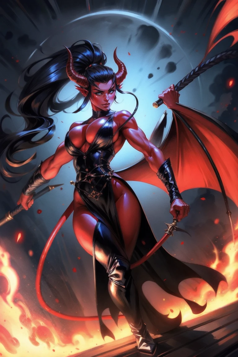 Red skin succubus tiefling, medium breasts, black horns, wings, huge tail, black leather, long flowing pelvic curtain, tall, toned, graceful, thin, long black ponytail. Action scene, whip. Dark scene, explosions, night sky.