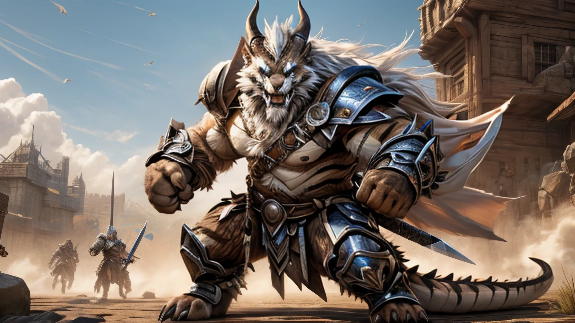 head、Animal cat face、A pair of dragon horns，Full body of fluffy white hair、Heavy breathing、Gnashing of teeth,Serious expression,Fluffy belly、Leather Armor，Viking style，wildcat、blue eyes，(contour）Full body covered with long white hair、Hairy body、Long and thick armpit hair、Fangs、4K，War Background，Sharp claws、Capture the composition of the whole body、 A sword，Hold the hilt of the sword in your left hand，Fighting Stance，HD