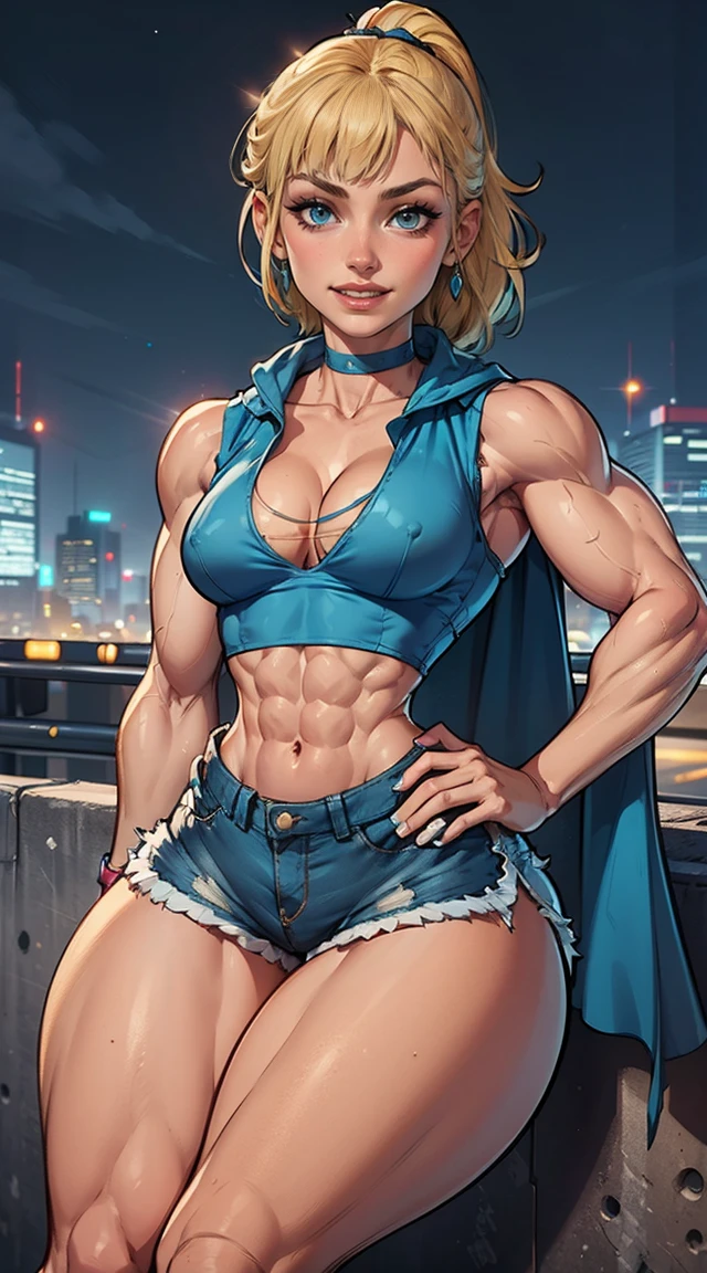 (Muscular:1.9), (thick thighs:1.8),
blonde female, (supergirl), (big smile:1.7), (blunt bangs), (ponytail:0.8),
earrings, lipstick, eyeshadow,
hard nipples, (small breasts:2),
(blue sleeveless tanktop, cleavage, midriff, tight shorts:1.9), (small cape:1.3), (choker:1.2), (active pose:1.5),
looking at viewer, three quarter view, (upper body view),
(skyline background:1.2), rim lighting, two tone lighting, dim lighting, bokeh, detailed skin, detailed eyes
