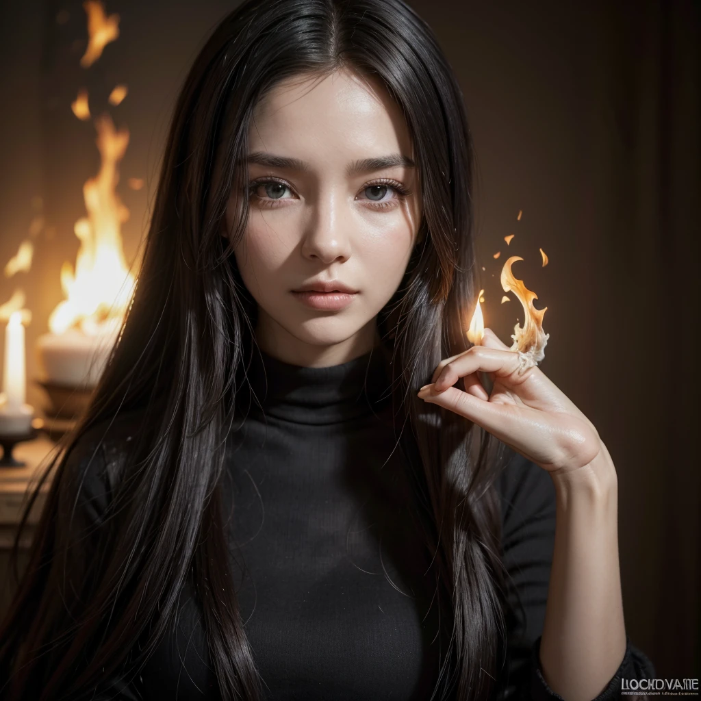 work of art, best qualityer, (beautiful face: 1.1), (realisitic: 1.5) black, Marry, 30 year old woman, fire magic: 1.3), trunk