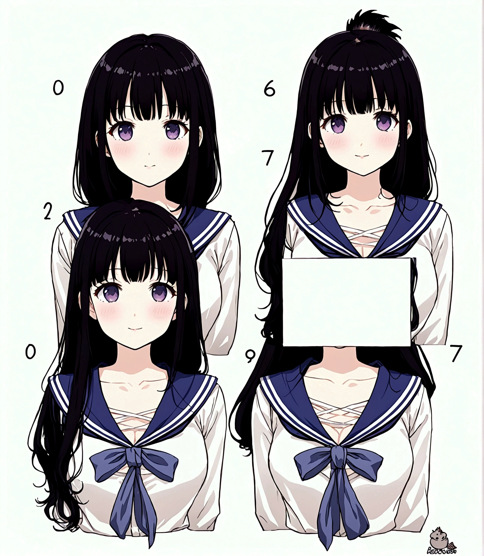 make me a female character with a manga or anime theme with no background, the character has long black hair, beautiful black eyes, smooth and soft cheeks, and a typical Japanese , as well as an ideal body shape.