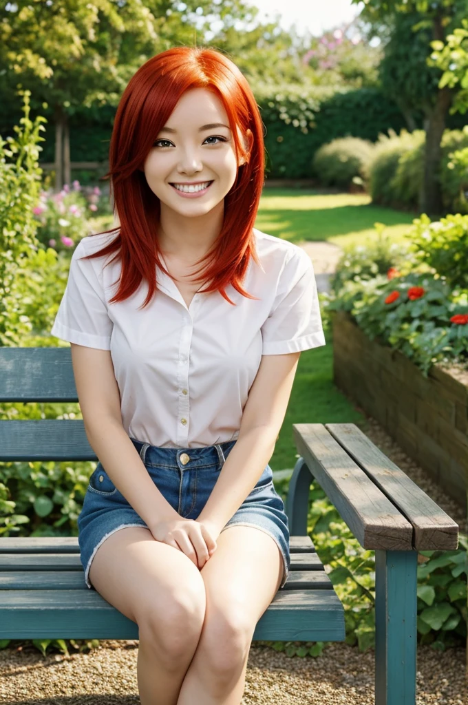 Anime,woman,red hair, short hair,smile face, beautiful love eye,sit down,garden bench,garden
