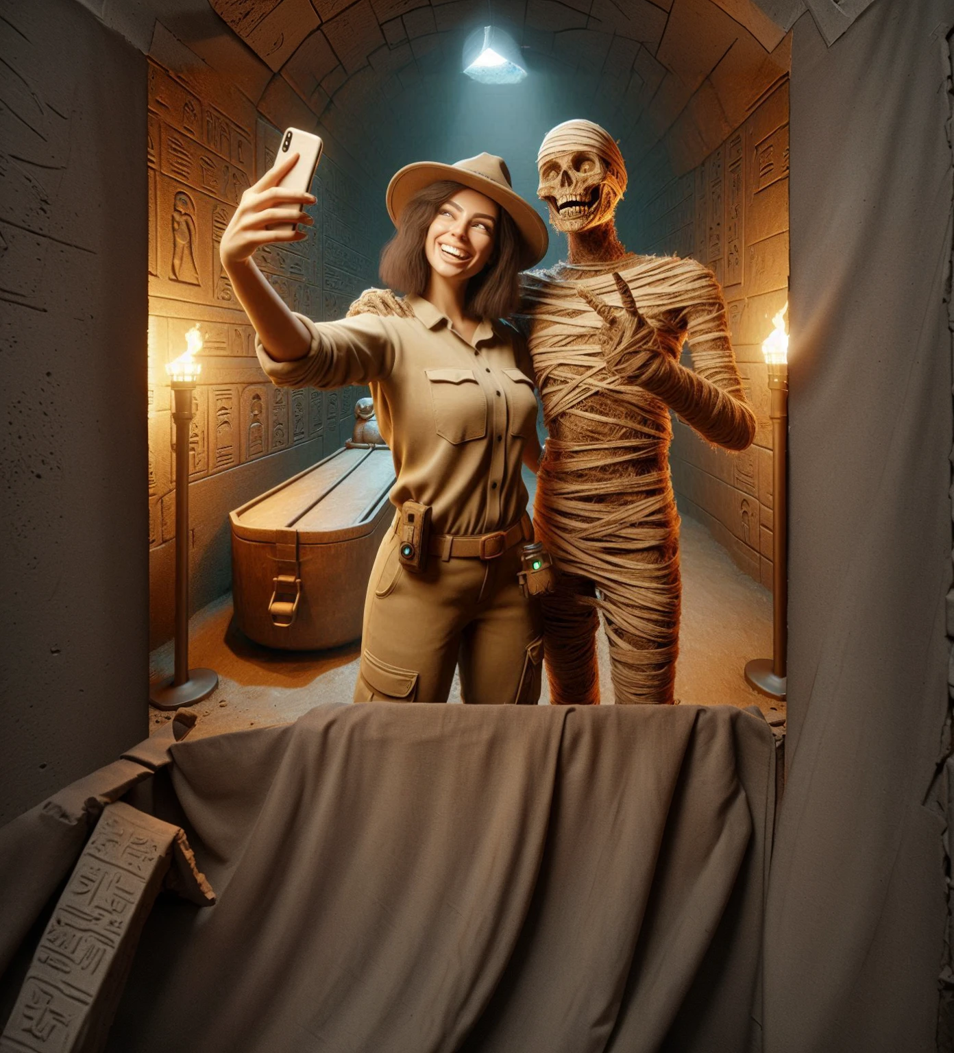 4D hyper realistic scene inside an ancient Egyptian tomb, lit by flickering torches. An beautiful archaeologist in khakis, hat, and boots takes a selfie with a sarcophagus behind them. Next to the archaeologist is an ancient decrepit mummy, smiling with exposed teeth and making a peace sign with its bandaged hand. Detailed textures on walls, sarcophagus, and mummy wrappings.