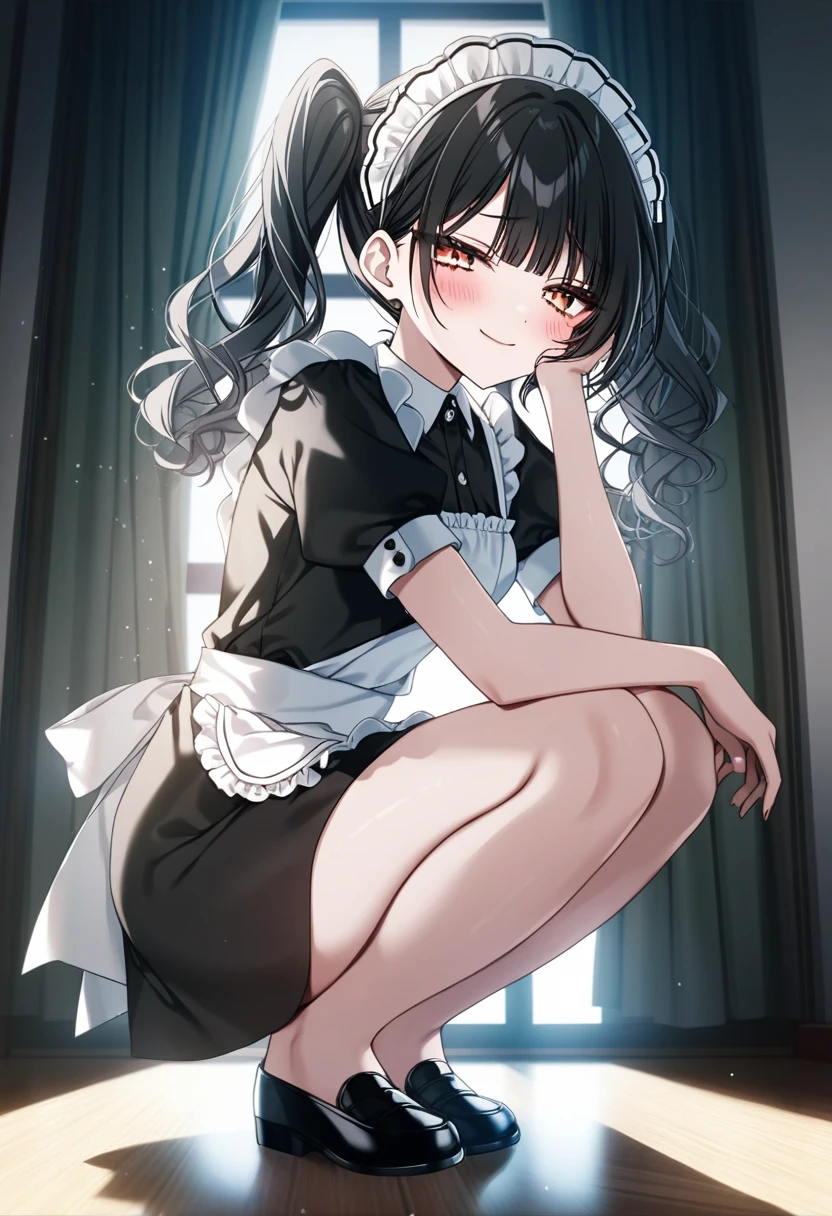Prompt: 1girl, ciloranko:1.1, taya oco, oekakizuki, smooth lighting, semi-realistic, unreal engine lighting, anime screencap, official art, absurdres, best quality, perfect anatomy, newest, new, blue archive, kazusa \(bluearchive\), black hair, blush, breasts, thighs, parted to one side, blunt bangs, glossy hair, moist skin, glossy skin, delicate details, smooth, 18 years old, adult woman, hair behind ear, medium breasts, from side, full body, squatting, looking at viewer, own hand on face resting on her cheek, twintails, wavy hair, black hair, medium length, maid, white head dress, black loafers, smug smile, closed mouth, brown eyes, content expression, half-lidded eyes, mature_female, lustful body, half-closed eyes, adoring gaze, indoors, solo, light particles, solar flare, depth perception, alternate costume, white apron, frilled apron, puffy short sleeves, short sleeves, black dress, maid outfit, one hand resting at her side, from below
