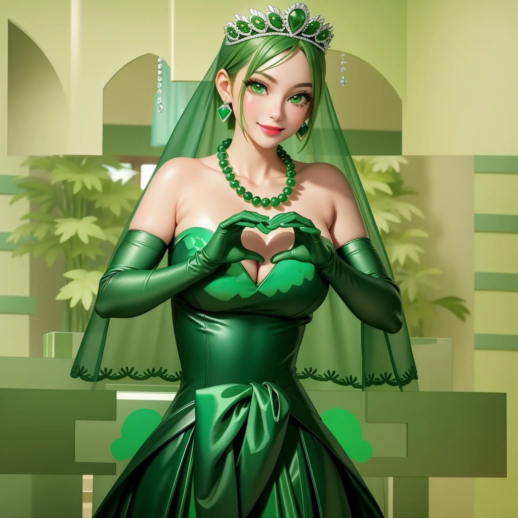 Emerald tiara, Green Pearl Necklace, ボーイッシュな非常に短いGreen Hair, Green Lips, Smiling Japanese woman, Very short hair, Busty beautiful lady, Green Eyes, Green satin long gloves, Green Eyes, Emerald Earrings, Green veil, Heart with both hands, Green Hair, Beautiful Japanese Women, Heart shaped hands:1.3, green lip gloss
