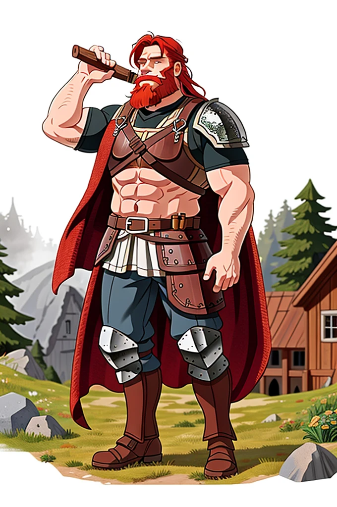 Ingólfr Einarr is a 40-year-old red-haired Viking man with a full and long beard, extroverted, muscular and very attractive, who wears his imposing medieval armor. hyper detailed and super realistic. cartoon style. White background. Ingólfr Einarr holds a wooden beer mug in his