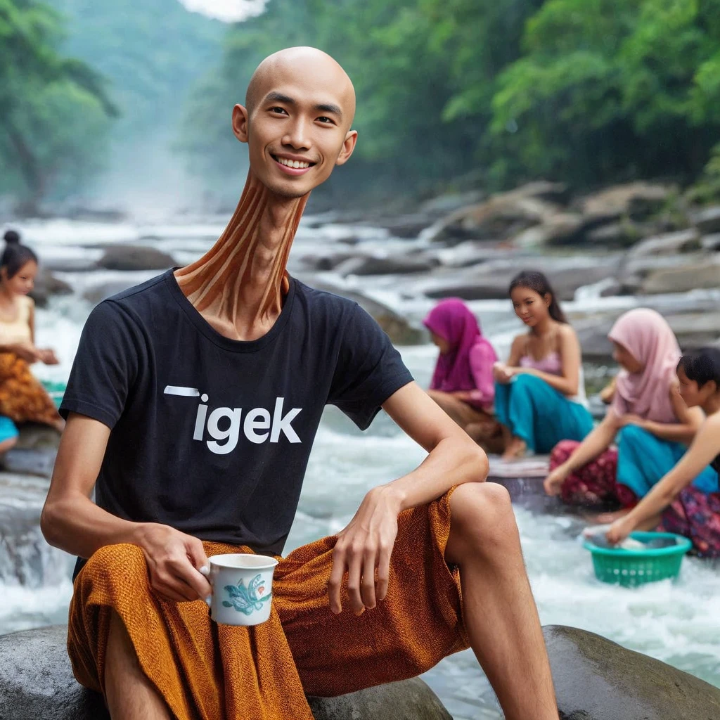 An Indonesian young man , bald head, which, very long neck like a giraffe's neck, smiling wearing a black t-shirt with text written on it "THEY" and below the text there is writing "SPIES", and sheath. Sitting on a rock by the river, while holding a cup of coffee, facing to see some beautiful girls wearing kemban, who is washing clothes in the river. The background of the river, rocks, trees and waterfalls looks beautiful and amazing.