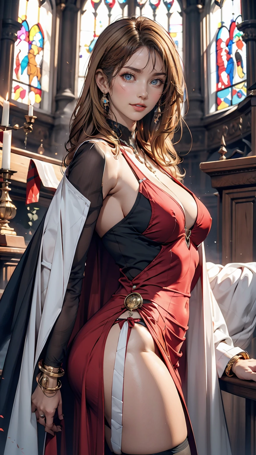 Dark Souls, Dim Light, Old Church, Mature Woman, slim, expensive, Long blonde curly hair, Long black cape, Red leotard with long skirt, Long skirt with diamonds, Gold Bracelets, 8K, Official Style, European aristocracy