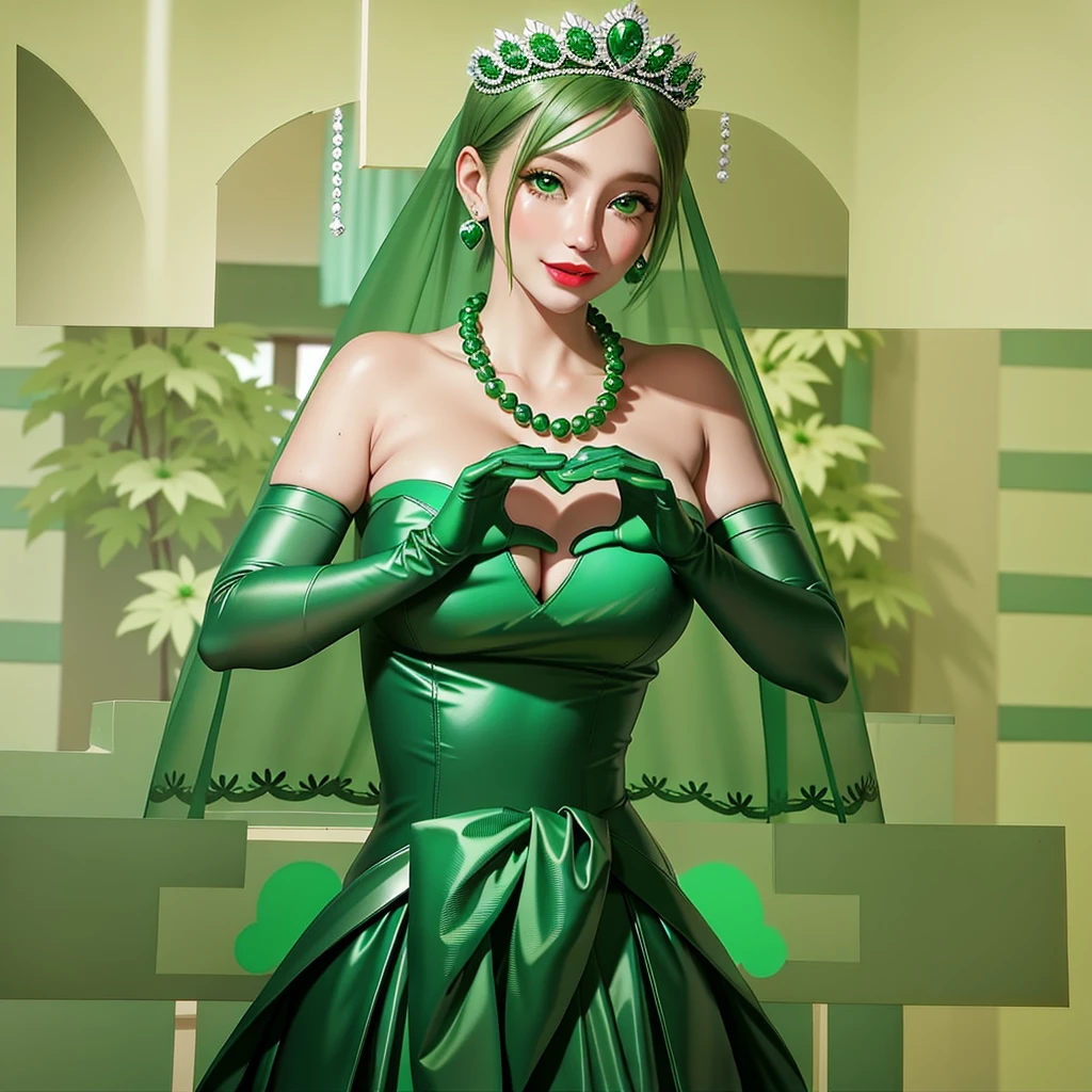 Emerald tiara, Green Pearl Necklace, ボーイッシュな非常に短いGreen Hair, Green Lips, Smiling Japanese woman, Very short hair, Busty beautiful lady, Green Eyes, Green satin long gloves, Green Eyes, Emerald Earrings, Green veil, Heart with both hands, Green Hair, Beautiful Japanese Women, Heart shaped hands:1.3, green lip gloss