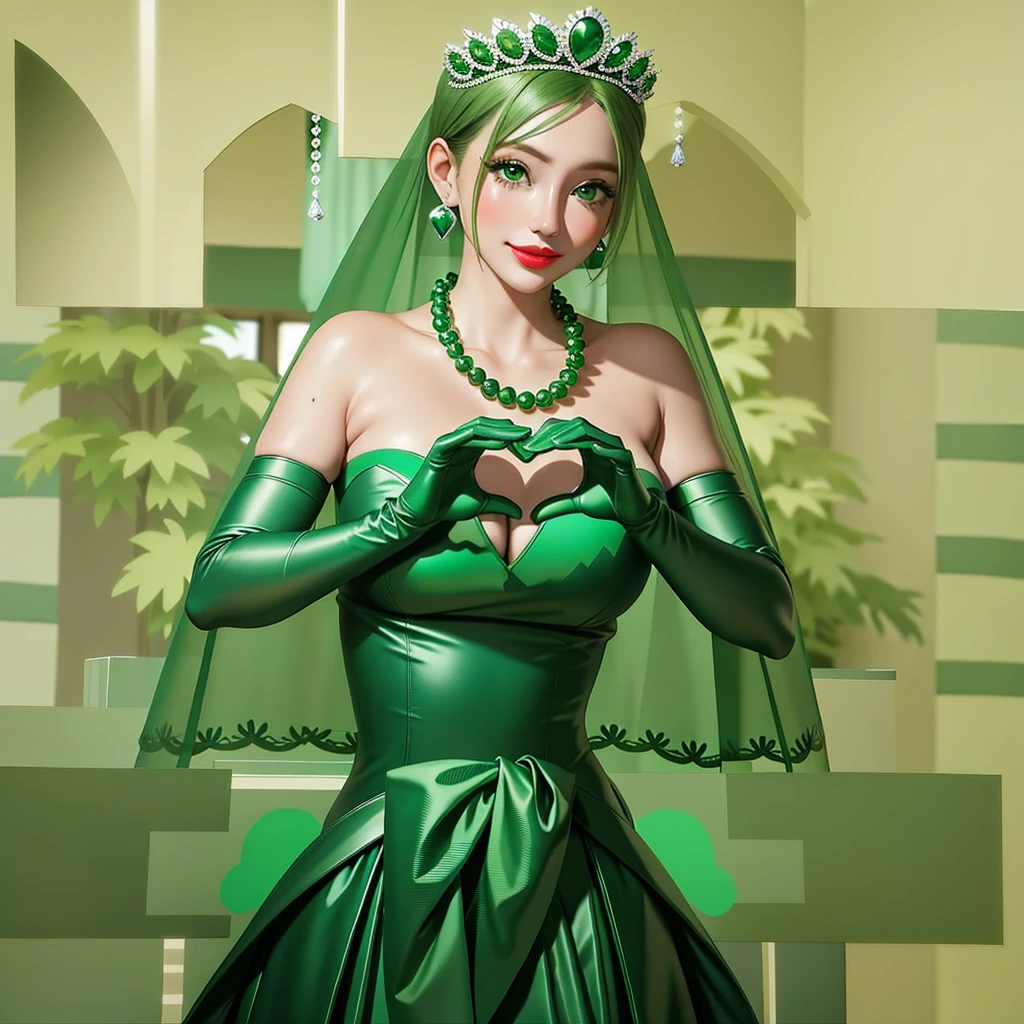 Emerald tiara, Green Pearl Necklace, ボーイッシュな非常に短いGreen Hair, Green Lips, Smiling Japanese woman, Very short hair, Busty beautiful lady, Green Eyes, Green satin long gloves, Green Eyes, Emerald Earrings, Green veil, Heart with both hands, Green Hair, Beautiful Japanese Women, Heart shaped hands:1.3, green lip gloss