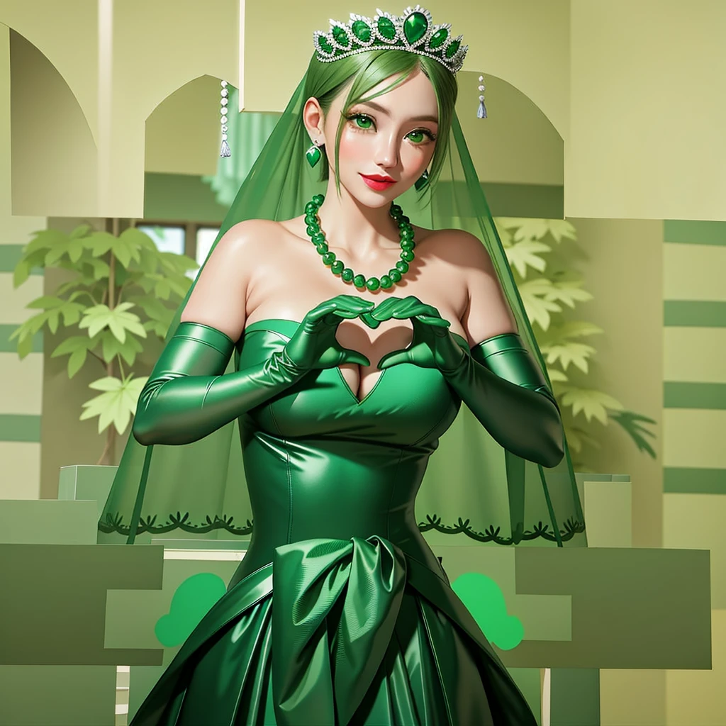 Emerald tiara, Green Pearl Necklace, ボーイッシュな非常に短いGreen Hair, Green Lips, Smiling Japanese woman, Very short hair, Busty beautiful lady, Green Eyes, Green satin long gloves, Green Eyes, Emerald Earrings, Green veil, Heart with both hands, Green Hair, Beautiful Japanese Women, Heart shaped hands:1.3, green lip gloss
