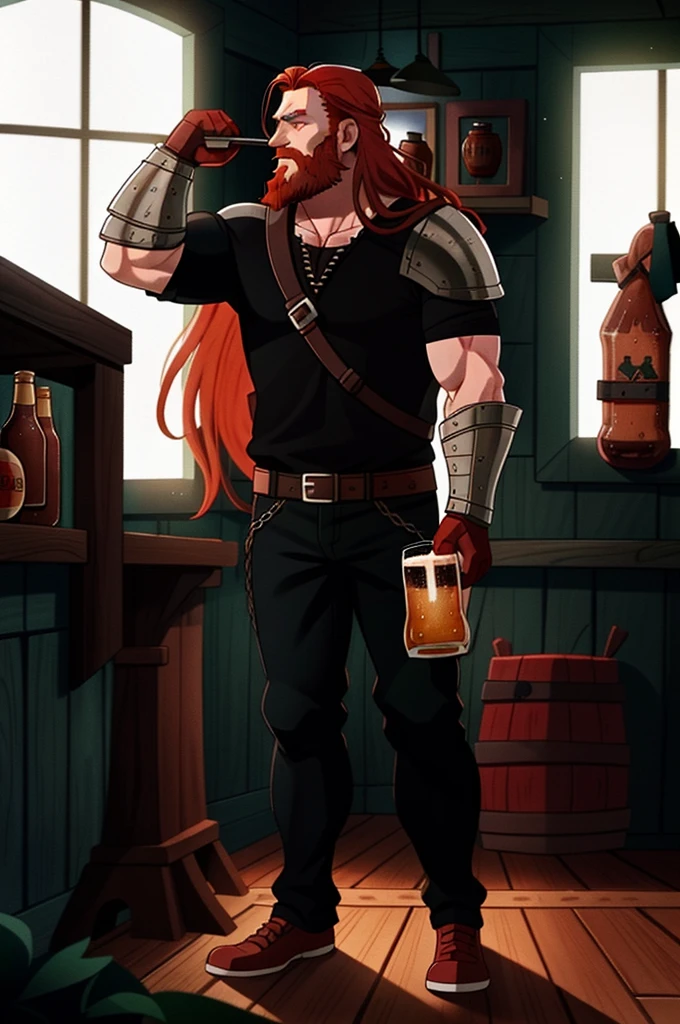 Ingólfr Einarr is a 40-year-old red-haired Viking man with a full and long beard, extroverted, muscular and very attractive, who wears his imposing medieval armor. hyper detailed and super realistic. cartoon style. White background. Ingólfr Einarr holds a wooden beer mug in his