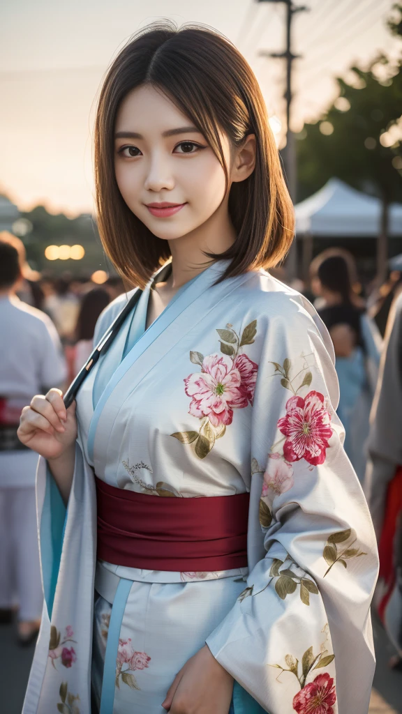 Looking at the camera,(((highest quality, 8K, masterpiece))), Sharp focus, (Beautiful woman with perfect figure), thin, (Hairstyle: upper)), ((kimono: Cane)), street: 1.2 Highly detailed face and skin texture Detailed eyes Double eyelid Random pose, (smile),supperer cute Japan person,supperer beauty Japanese girl, Realistic Face, double eyelid,smile,Summer festival , At sunset , Beautiful Teeth , Fireworks Background.