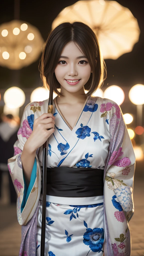 (masterpiece、high resolution、high quality)、Japanese beautiful girl:1.3,11-year-old elementary school student、Immature body、Beautiful body、Soaring、night、Laughter、Clear Eyes、Beautiful Skin、(Light blue kimono、Sunny clothes、Long-sleeved kimono、Japanese style pale pink floral pattern:1.2、Her small breasts are exposed through her kimono.) , Black-haired ,　Japanese style hair ornaments、Her kimono is open and her naked body is visible.、 fully visible、Very small breasts、Small breasts、Flat Chest、Small cherry-colored ??????、????? nipples、Cool Summer、nightの夏祭り、Fireworks display、Professional Photography、