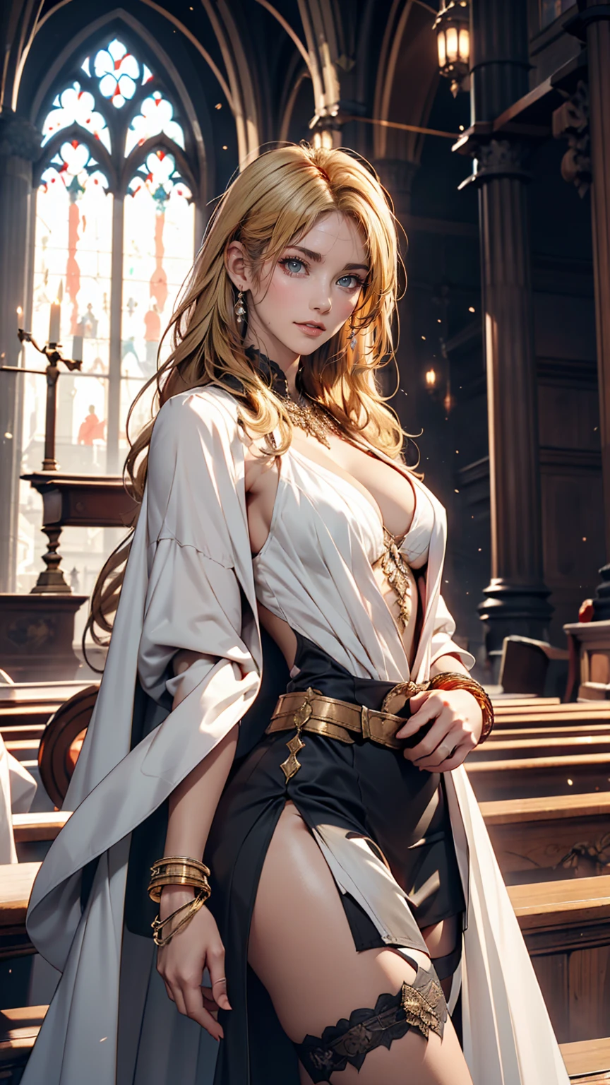 Dark Souls, Dim Light, Old Church, Mature Woman, slim, expensive, Long blonde curly hair, Long black cape, Red leotard with long skirt, Long skirt with diamonds, Gold Bracelets, 8K, Official Style, European aristocracy