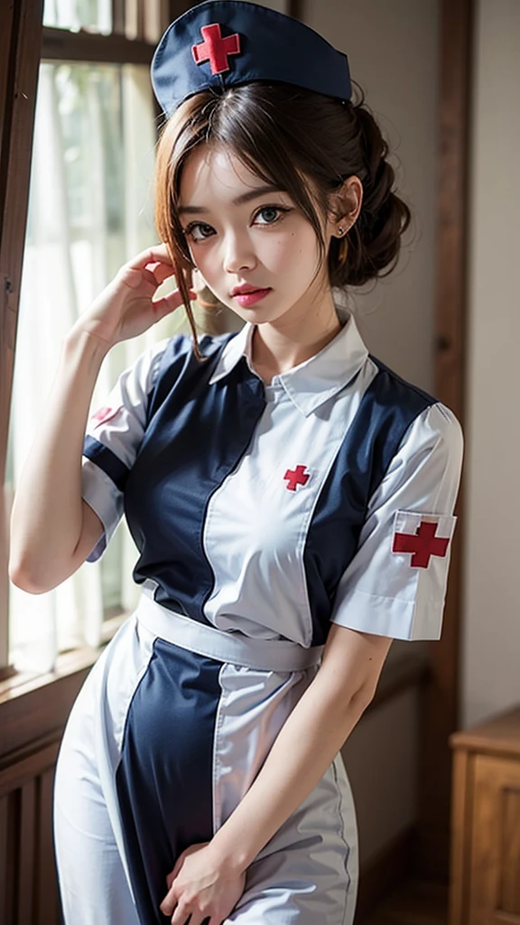 masterpiece, best quality, 1girl, solo, standing, holding deagle, deagle, terrarianurse, green eyes, earrings, nurse cap, nurse, ImAHealerButMeme,