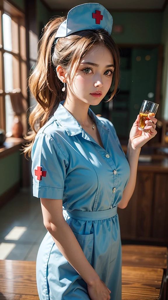 masterpiece, best quality, 1girl, solo, standing, holding deagle, deagle, terrarianurse, green eyes, earrings, nurse cap, nurse, ImAHealerButMeme,