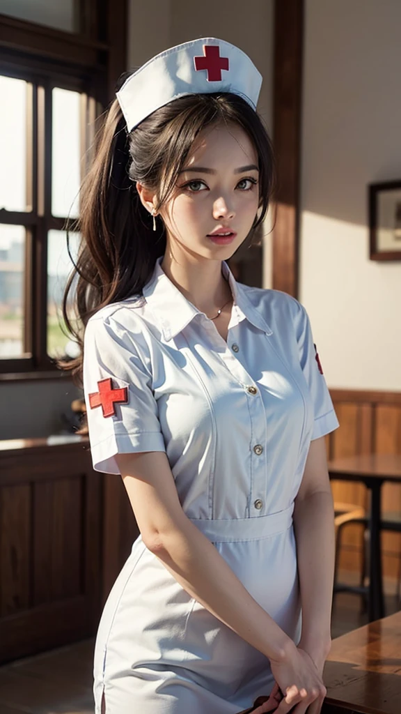 masterpiece, best quality, 1girl, solo, standing, holding deagle, deagle, terrarianurse, green eyes, earrings, nurse cap, nurse, ImAHealerButMeme,