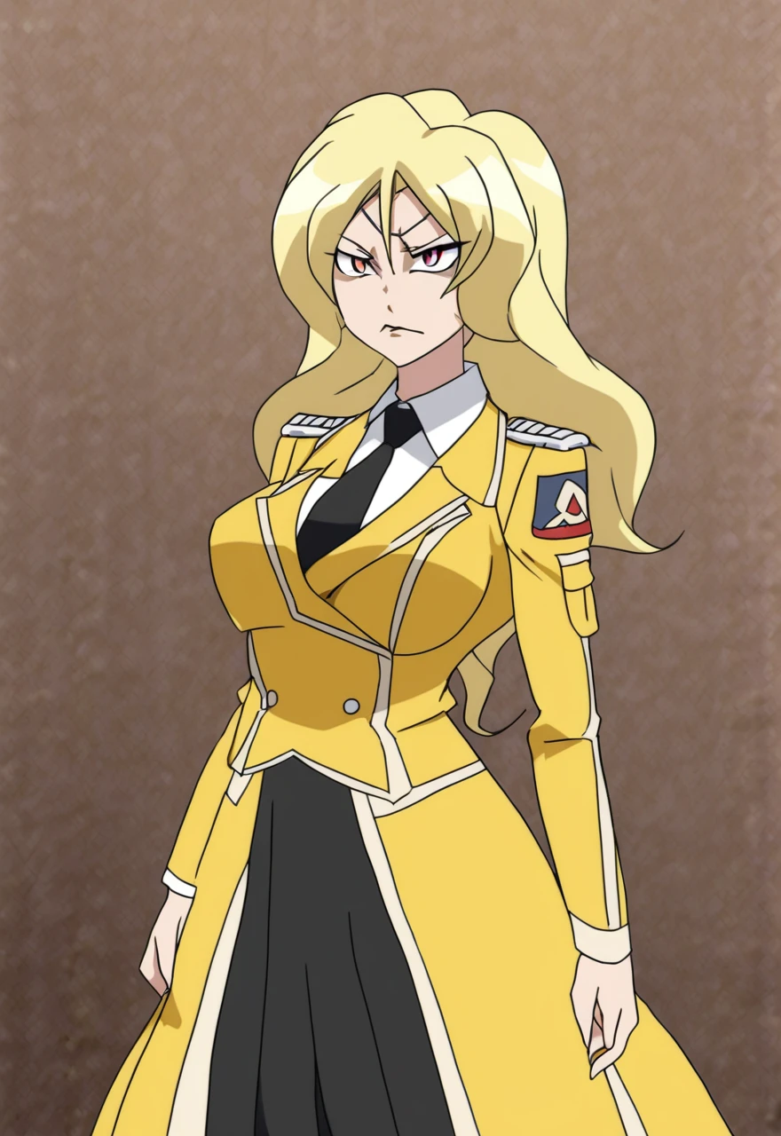 Make a old evil military blonde anime woman in a dark skirt suit  