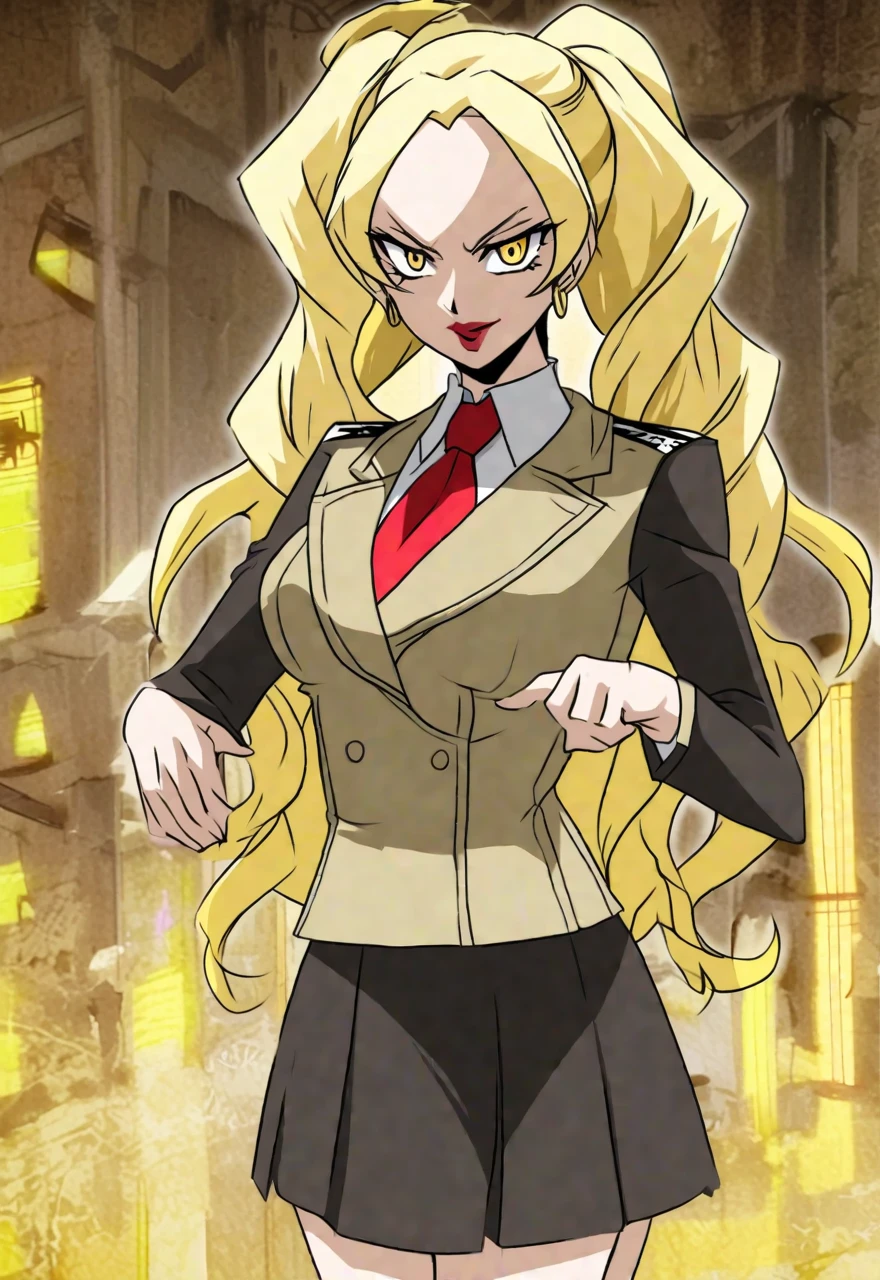 Make a old evil military blonde anime woman in a dark skirt suit  