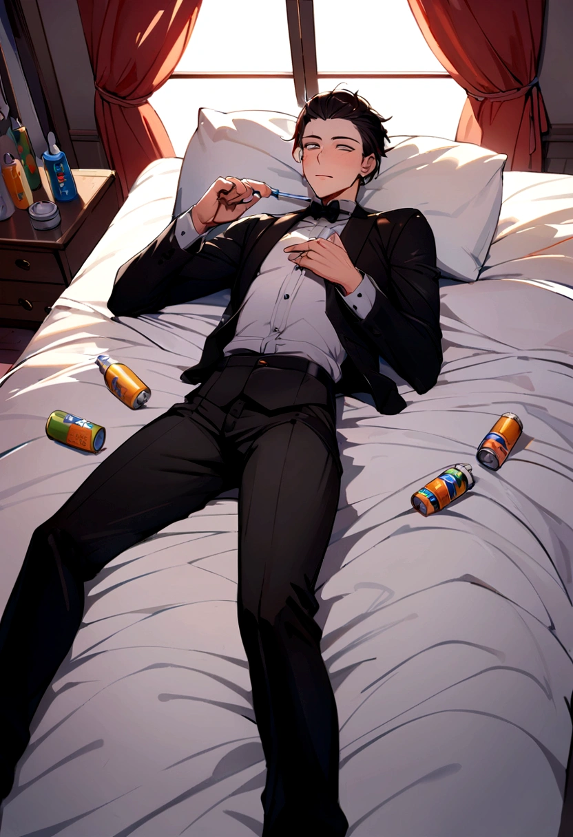 Male focus,glue,Convex,lie,Prony in bed