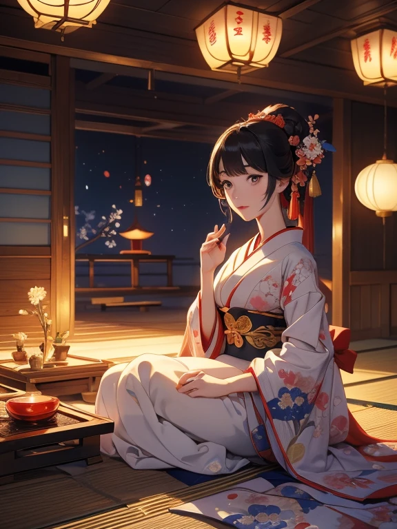 (Highest quality、masterpiece、High resolution、8K)、Ukiyo-e、Vibrant colors、Utamaro、Edo Period、Flowers of Yoshiwara、1 flower kui、whole body、Japanese-style room、It is a tatami room.、There is a lantern、Utamaroの絵のモデル、The courtesan&#39;s hair is black and beautiful、Decoration、hairpin、Hairpin、comb、The kimono is white with red floral patterns、Sitting、Sitting sideways、The kimono has been flipped up, exposing some bare skin.、One hand is holding a fan open、Details of the model&#39;s gestures and facial expressions、Official Art、Detailed CG、