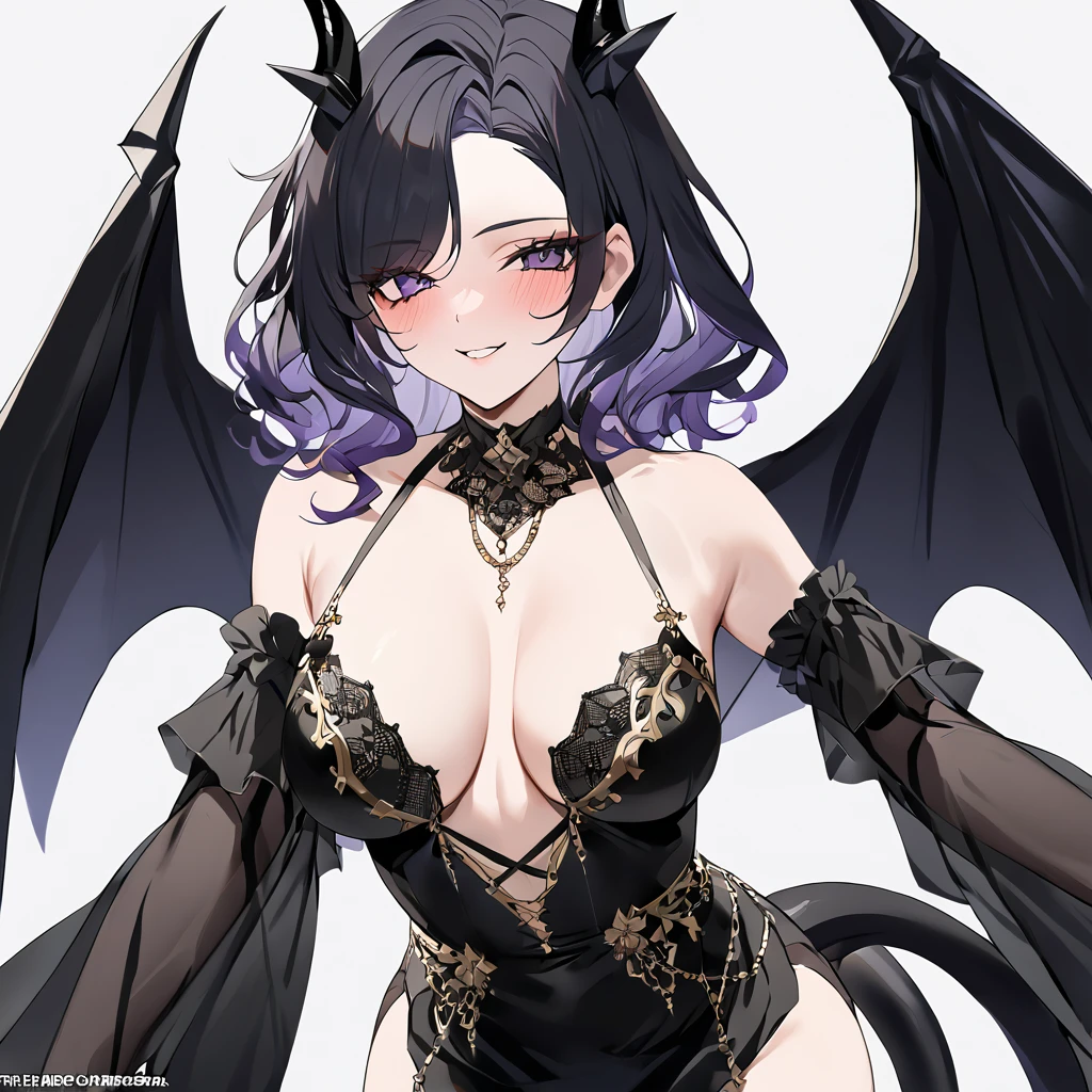 ((Highest quality)), ((masterpiece)), (detailed), (Perfect Face)、The woman is naked and wearing a black wedding dress decorated with gold, the devil queen Lydia is a sexy female demon.、The woman is a female demon with magnificent devil horns, jet black devil wings, and a jet black tail. She is looking at the camera with a happy expression, named Lydia, and has green, semi-long asymmetrical hair with the expression of a girl in love.、The woman is Lydia